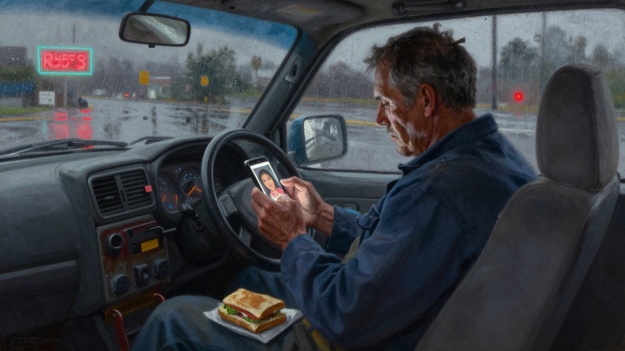 A welder sits in his Uber at 3 a.m., rain on the windshield, staring at his daughter’s photo, toolbox beside him.