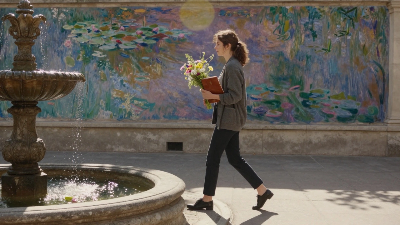 A woman walks through a Paris courtyard with art books and wildflowers, Monet’s mural reflected in a puddle.