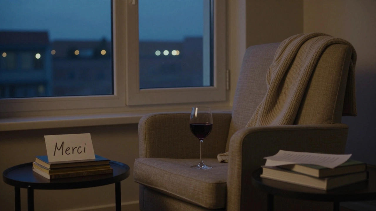 An empty armchair by a window holds a glass of wine and a handwritten note, twilight glowing softly outside.